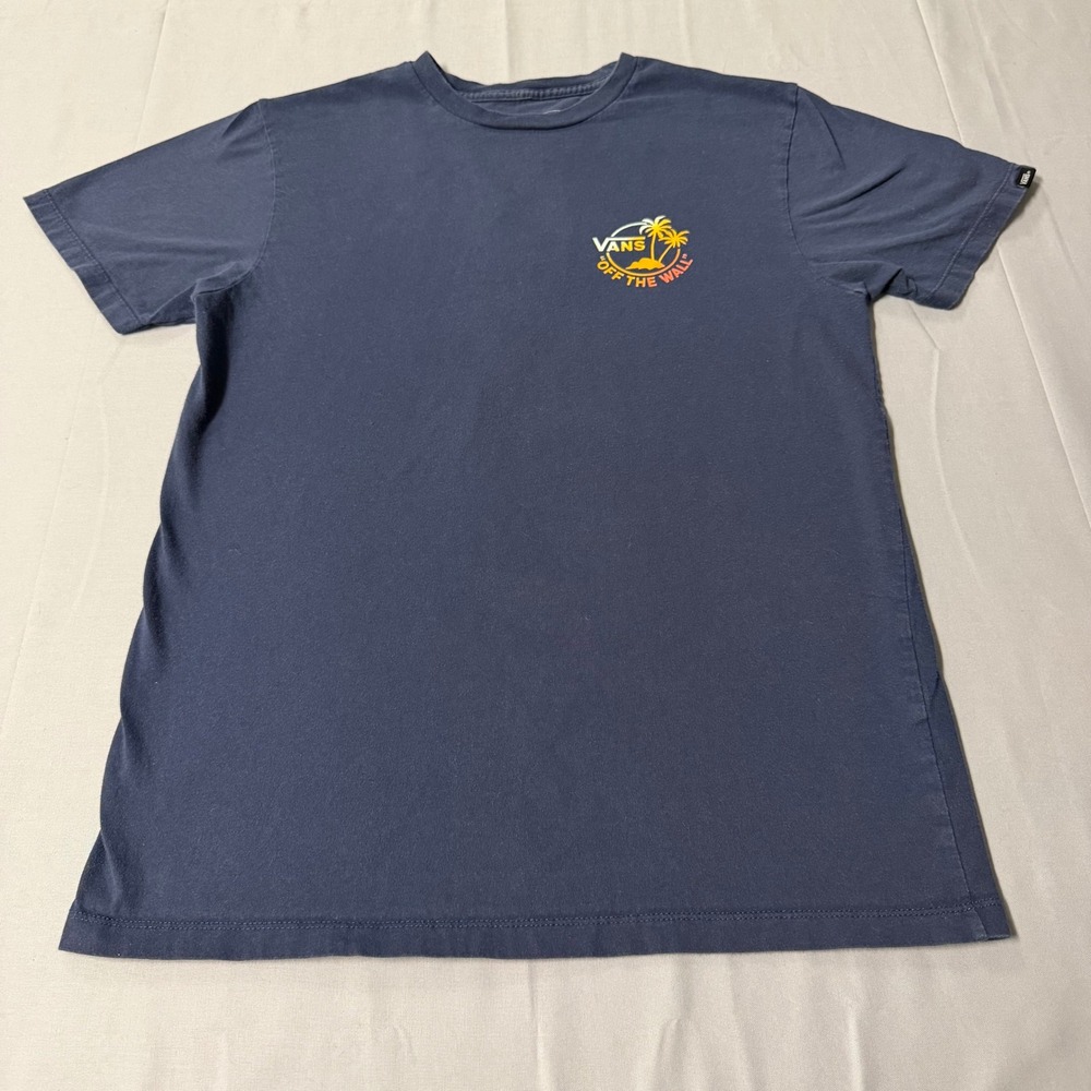 Vans Off The Wall Mens Small Navy Blue Palm Tree Graphic T-Shirt‎ Custom Fit